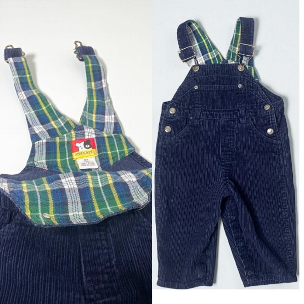 Adorable Vintage 90s Baby Overalls 18M Corduroy Navy Plaid Retro Sprockets